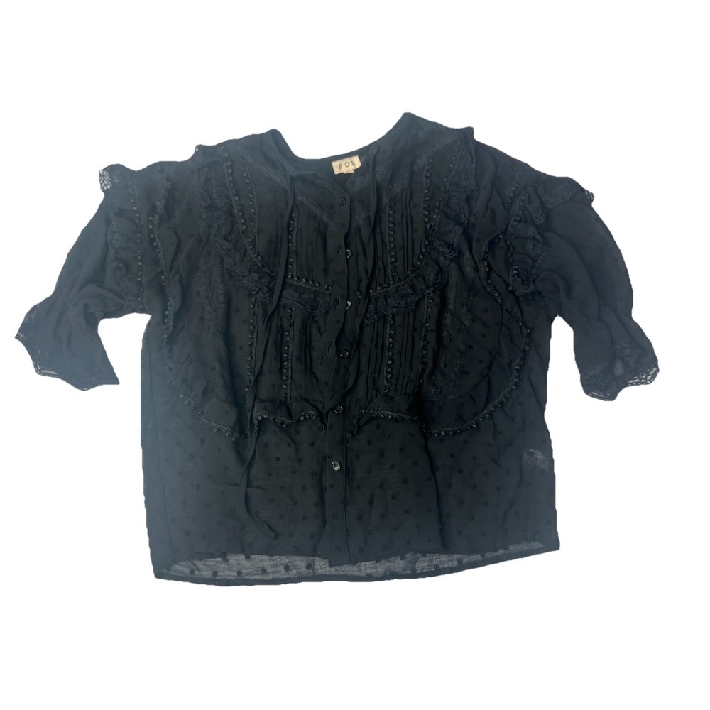POL Black Button Up Blouse Lace Shirt Dot Size Small